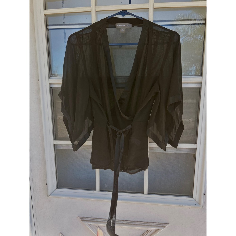 Josephine Chaus Black 100% Silk Sheer Wrap Kimono Sleeve Top Size 8 Whimsigoth